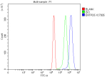 Flow Cytometry analysis of RT4 cells using anti-ENTPD5 antibody. Overlay histogram showing RT4 cells stained with (Blue line). The cells were fixed with 4% paraformaldehyde and blocked with 10% normal goat serum. And then incubated with rabbit anti-ENTPD5 antibody (1 ug/million cells) for 30 min at 20oC. DyLight 488 conjugated goat anti-rabbit IgG (5-10 ug/million cells) was used as secondary antibody for 30 minutes at 20oC. Isotype control antibody (Green line) was rabbit IgG (1 ug/million cells) used under the same conditions. Unlabelled sample without incubation with primary antibody and secondary antibody (Red line) was used as a blank control.