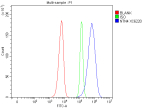 Flow Cytometry analysis of SIHA cells using anti-NTN4 antibody. Overlay histogram showing SIHA cells stained with (Blue line). The cells were fixed with 4% paraformaldehyde and blocked with 10% normal goat serum. And then incubated with rabbit anti-NTN4 antibody (1 ug/million cells) for 30 min at 20oC. DyLight 488 conjugated goat anti-rabbit IgG (5-10 ug/million cells) was used as secondary antibody for 30 minutes at 20oC. Isotype control antibody (Green line) was rabbit IgG (1 ug/million cells) used under the same conditions. Unlabelled sample without incubation with primary antibody and secondary antibody (Red line) was used as a blank control.