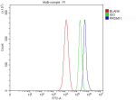 Flow Cytometry analysis of THP-1 cells using anti-PRDM11 antibody. Overlay histogram showing THP-1 cells stained with (Blue line). To facilitate intracellular staining, cells were fixed with 4% paraformaldehyde and permeabilized with permeabilization buffer. The cells were blocked with 10% normal goat serum. And then incubated with rabbit anti-PRDM11 antibody (1 ug/million cells) for 30 min at 20oC. DyLight 488 conjugated goat anti-rabbit IgG (5-10 ug/million cells) was used as secondary antibody for 30 minutes at 20oC. Isotype control antibody (Green line) was rabbit IgG (1 ug/million cells) used under the same conditions. Unlabelled sample without incubation with primary antibody and secondary antibody (Red line) was used as a blank control.