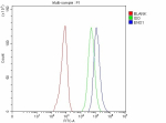 Flow Cytometry analysis of Hela cells using anti-ENO1 antibody. Overlay histogram showing Hela cells stained with (Blue line). The cells were blocked with 10% normal goat serum. And then incubated with rabbit anti-ENO1 antibody (1 ug/million cells) for 30 min at 20oC. DyLight 488 conjugated goat anti-rabbit IgG (5-10 ug/million cells) was used as secondary antibody for 30 minutes at 20oC. Isotype control antibody (Green line) was rabbit IgG (1 ug/million cells) used under the same conditions. Unlabelled sample without incubation with primary antibody and secondary antibody (Red line) was used as a blank control.