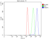Flow cytometry analysis of fixed and permeabilized human HEPA1-6 cells with RAB7A antibody at 1ug/million cells (blocked with goat sera); Red=cells alone, Green=isotype control, Blue= RAB7A antibody.