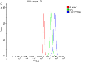 Flow cytometry analysis of fixed human RT4 cells with IHH antibody at 1ug/million cells (blocked with goat sera); Red=cells alone, Green=isotype control, Blue= IHH antibody.