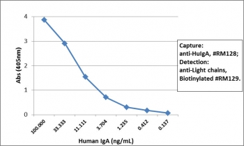 Sandwich ELISA of human IgA using the recombinant Human IgA antibody as the capture (100ng/well), and <a href=../tds/recombinant-human-ig-light-chains-antibody-rabbit-monoclonal-r20180btn>biotinylated anti-human light chains ( kappa;+ lambda;) antibody</a>, clone RM129, as the detect, followed by an alkaline phosphatase conjugated streptavidin.