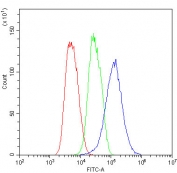 Flow cytometry testing of fixed and permeabilized human ThP-1 cells with NLRP3 antibody at 1ug/million cells (blocked with goat sera); Red=cells alone, Green=isotype control, Blue= NLRP3 antibody.