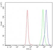 Flow cytometry testing of human Daudi cells with Tollip antibody at 1ug/million cells (blocked with goat sera); Red=cells alone, Green=isotype control, Blue= Tollip antibody.