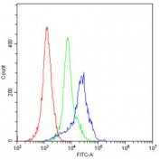 Flow cytometry testing of human PBMs with CD23 antibody at 1ug/10^6 cells (blocked with goat sera); Red=cells alone, Green=isotype control, Blue= CD23 antibody.