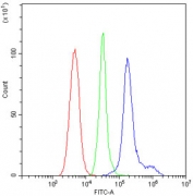 Flow cytometry testing of mouse PBMs with CD23 antibody at 1ug/10^6 cells (blocked with goat sera); Red=cells alone, Green=isotype control, Blue= CD23 antibody.