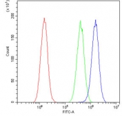 Flow cytometry testing of human A549 cells with MyD88 antibody at 1ug/million cells (blocked with goat sera); Red=cells alone, Green=isotype control, Blue= MyD88 antibody.