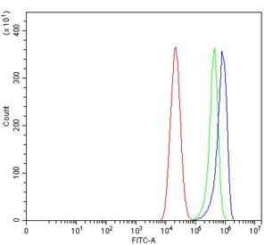 Flow cytometry testing of human Caco-2 cells with PIN1 antibody at 1ug/million cells (blocked with goat sera); Red=cells alone, Green=isotype control, Blue= PIN1 antibody.~