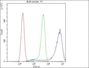 Flow cytometry testing of human A431 cells with Ribonuclease Inhibitor antibody at 1ug/million cells (blocked with goat sera); Red=cells alone, Green=isotype control, Blue= Ribonuclease Inhibitor antibody.