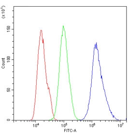 Flow cytometry testing of human U-2 OS cells with Cdk2 antibody at 1ug/million cells (blocked with goat sera); Red=cells alone, Green=isotype control, Blue= Cdk2 antibody.~