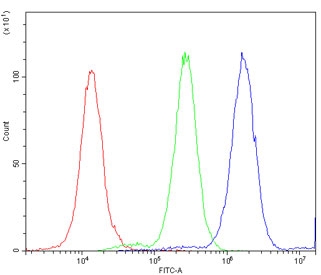Flow cytometry testing of human A549 cells with ATXN3 antibody at 1ug/million cells (blocked with goat sera); Red=cells alone, Green=isotype control, Blue= ATXN3 antibody.