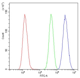 Flow cytometry testing of human U-2 OS cells with EWSR1 antibody at 1ug/million cells (blocked with goat sera); Red=cells alone, Green=isotype control, Blue= EWSR1 antibody.