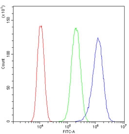 Flow cytometry testing of human U-87 MG cells with GP78 antibody at 1ug/million cells (blocked with goat sera); Red=cells alone, Green=isotype control, Blue= GP78 antibody.