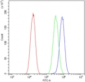 Flow cytometry testing of human A549 cells with LDHB antibody at 1ug/million cells (blocked with goat sera); Red=cells alone, Green=isotype control, Blue= LDHB antibody.