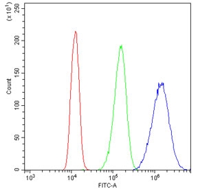 Flow cytometry testing of human A431 cells with PML antibody at 1ug/million cells (blocked with goat sera); Red=cells alone, Green=isotype control, Blue= PML antibody.