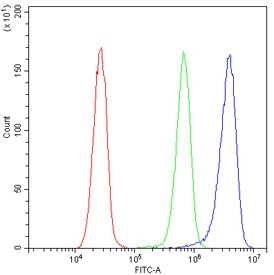 Flow cytometry testing of human HeLa cells with PSMA3 antibody at 1ug/million cells (blocked with goat sera); Red=cells alone, Green=isotype control, Blue= PSMA3 antibody.
