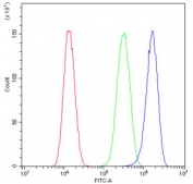 Flow cytometry testing of human U-87 MG cells with CYP17A1 antibody at 1ug/10^6 cells (blocked with goat sera); Red=cells alone, Green=isotype control, Blue= CYP17A1 antibody.