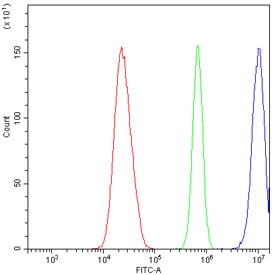Flow cytometry testing of human U-2 OS cells with Emerin antibody at 1ug/million cells (blocked with goat sera); Red=cells alone, Green=isotype control, Blue= Emerin antibody.
