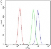 Flow cytometry testing of human A549 cells with TFPI2 antibody at 1ug/10^6 cells (blocked with goat sera); Red=cells alone, Green=isotype control, Blue= TFPI2 antibody.