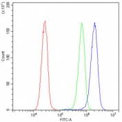 Flow cytometry testing of human HeLa cells with Tubby antibody at 1ug/10^6 cells (blocked with goat sera); Red=cells alone, Green=isotype control, Blue= Tubby antibody.