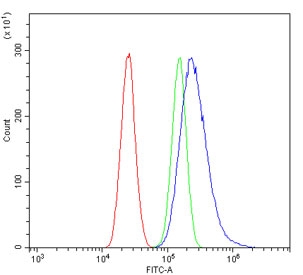 Flow cytometry testing of human U-87 MG cells with HSP22 antibody at 1ug/million cells (blocked with goat sera); Red=cells alone, Green=isotype control, Blue= HSP22 antibody.