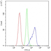 Flow cytometry testing of mouse PBM cells with Cd14 antibody at 1ug/10^6 cells (blocked with goat sera); Red=cells alone, Green=isotype control, Blue= Cd14 antibody.