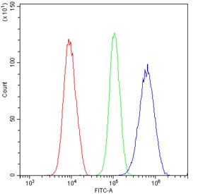 Flow cytometry testing of human U-2 OS cells with VEGFR3 antibody at 1ug/million cells (blocked with goat sera); Red=cells alone, Green=isotype control, Blue= VEGFR3 antibody.