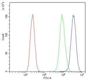 Flow cytometry testing of human A431 cells with FH antibody at 1ug/million cells (blocked with goat sera); Red=cells alone, Green=isotype control, Blue= FH antibody.