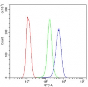 Flow cytometry testing of human K562 cells with IL15RA antibody at 1ug/million cells (blocked with goat sera); Red=cells alone, Green=isotype control, Blue= IL15RA antibody.