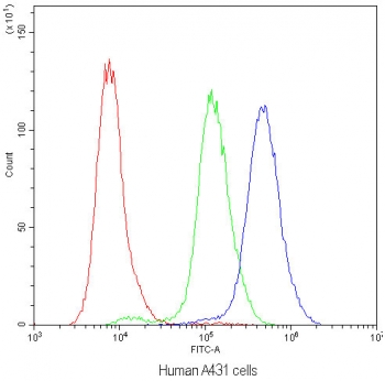 Flow cytometry testing of human A431 cells with PLIN1 antibody at 1ug/million cells (blocked with goat sera); Red=cells alone, Green=isotype control, Blue=PLIN1 antibody.