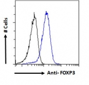 FACS testing of fixed and permeabilized mouse NIH 3T3 cells with Scurfin antibody (blue) at 10ug/million cells in 0.2ml and naive goat Ig (black).