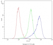 Flow cytometry testing of human U-2 OS cells with Dynamin 1 antibody at 1ug/10^6 cells (blocked with goat sera); Red=cells alone, Green=isotype control, Blue=Dynamin 1 antibody.