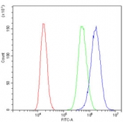 Flow cytometry testing of human PC-3 cells with P2RY5 antibody at 1ug/million cells (blocked with goat sera); Red=cells alone, Green=isotype control, Blue= P2RY5 antibody.