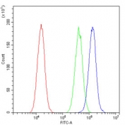 Flow cytometry testing of human A549 cells with P2RY5 antibody at 1ug/million cells (blocked with goat sera); Red=cells alone, Green=isotype control, Blue= P2RY5 antibody.