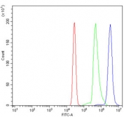 Flow cytometry testing of human U937 cells with CHM antibody at 1ug/10^6 cells (blocked with goat sera); Red=cells alone, Green=isotype control, Blue= CHM antibody.