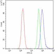 Flow cytometry testing of human A549 cells with SNRPN antibody at 1ug/million cells (blocked with goat sera); Red=cells alone, Green=isotype control, Blue= SNRPN antibody.