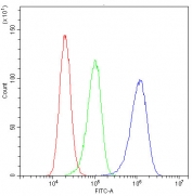 Flow cytometry testing of human A431 cells with TIMM17A antibody at 1ug/10^6 cells (blocked with goat sera); Red=cells alone, Green=isotype control, Blue= TIMM17A antibody.