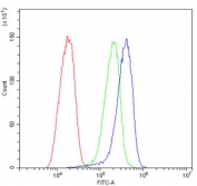 Flow cytometry testing of human HepG2 cells with CETP antibody at 1ug/million cells (blocked with goat sera); Red=cells alone, Green=isotype control, Blue= CETP antibody.