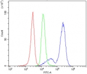 Flow cytometry testing of mouse spleen cells with Cd79a antibody at 1ug/million cells (blocked with goat sera); Red=cells alone, Green=isotype control, Blue= Cd79a antibody.