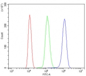 Flow cytometry testing of mouse ANA-1 cells with DIO1 antibody at 1ug/million cells (blocked with goat sera); Red=cells alone, Green=isotype control, Blue= DIO1 antibody.