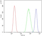 Flow cytometry testing of human PC-3 cells with PIAS1 antibody at 1ug/million cells (blocked with goat sera); Red=cells alone, Green=isotype control, Blue= PIAS1 antibody.