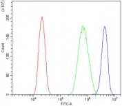 Flow cytometry testing of human PC-3 cells with PIAS1 antibody at 1ug/million cells (blocked with goat sera); Red=cells alone, Green=isotype control, Blue= PIAS1 antibody.