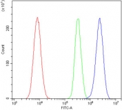 Flow cytometry testing of rat NRK cells with Psgl-1 antibody at 1ug/million cells (blocked with goat sera); Red=cells alone, Green=isotype control, Blue= Psgl-1 antibody.