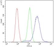 Flow cytometry testing of human HL60 cells with VMAT1 antibody at 1ug/million cells (blocked with goat sera); Red=cells alone, Green=isotype control, Blue= VMAT1 antibody.