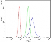 Flow cytometry testing of human SiHa cells with Tubulin Beta antibody at 1ug/million cells (blocked with goat sera); Red=cells alone, Green=isotype control, Blue= Tubulin Beta antibody.