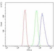 Flow cytometry testing of human Caco-2 cells with DUSP1 antibody at 1ug/million cells (blocked with goat sera); Red=cells alone, Green=isotype control, Blue= DUSP1 antibody.