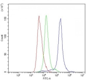 Flow cytometry testing of mouse spleen cells with Itgax antibody at 1ug/million cells (blocked with goat sera); Red=cells alone, Green=isotype control, Blue= Itgax antibody.