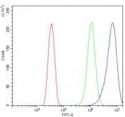 Flow cytometry testing of human HeLa cells with WASL antibody at 1ug/million cells (blocked with goat sera); Red=cells alone, Green=isotype control, Blue= WASL antibody.