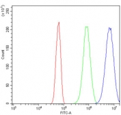 Flow cytometry testing of mouse Neuro-2a cells with Neurofilament heavy antibody at 1ug/million cells (blocked with goat sera); Red=cells alone, Green=isotype control, Blue= Neurofilament heavy antibody.